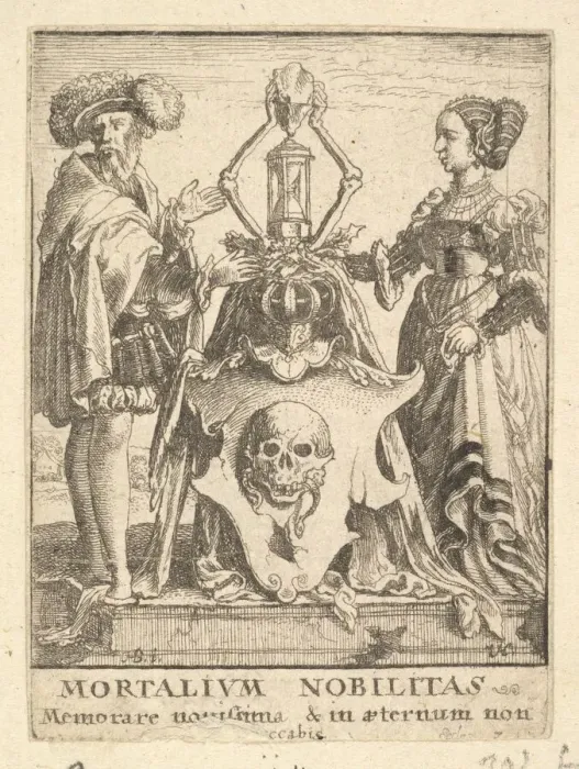 Framed Print : Deaths coat of arms, from the Dance of Death, 1651. Creator: Wenceslaus Hollar Framed Print : Deaths coat of arms, from the Dance of Death, 1651. Creator: Wenceslaus Hollar