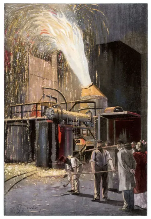 Framed Print : Decarburisation of pig iron in a Bessemer converter, 1900. Artist: Gehrke Framed Print : Decarburisation of pig iron in a Bessemer converter, 1900. Artist: Gehrke