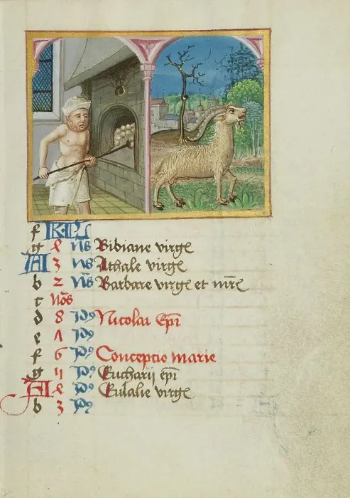 Framed Print : December Calendar Page: Baking Bread: Capricorn; Book of Hours, early 16th century. Creator: Unknown Framed Print : December Calendar Page: Baking Bread: Capricorn; Book of Hours, early 16th century. Creator: Unknown