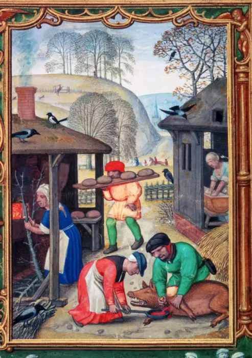 Framed Print : December, slaughtering the pig, 1520. Artist: Gerhard Hoornbach Framed Print : December, slaughtering the pig, 1520. Artist: Gerhard Hoornbach