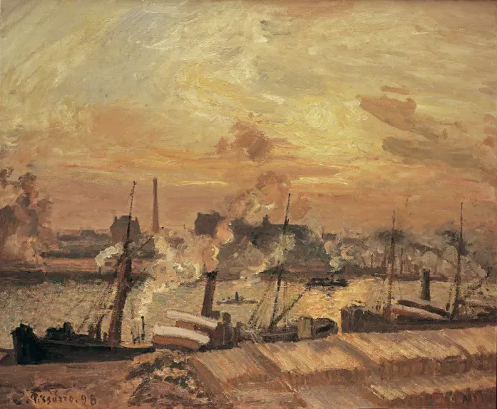 Framed Print : Dechargement de bois, quai de la Bourse, coucher de soleil, 1898. Creator: Pissarro Framed Print : Dechargement de bois, quai de la Bourse, coucher de soleil, 1898. Creator: Pissarro