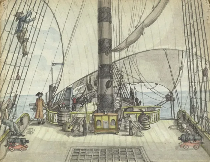 Framed Print : Deck view from a VOC ship to the big mast, 1778-1787. Creator: Jan Brandes Framed Print : Deck view from a VOC ship to the big mast, 1778-1787. Creator: Jan Brandes