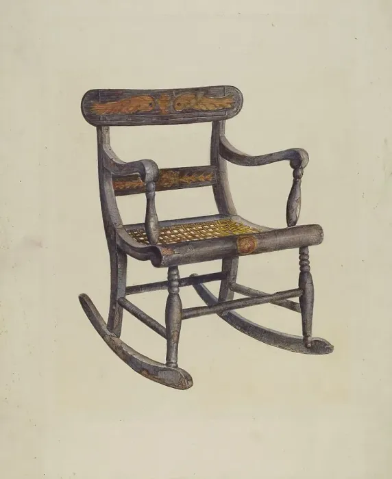 Framed Print : Decorated Child's Rocking Chair, c. 1942. Creator: James Fisher Framed Print : Decorated Child's Rocking Chair, c. 1942. Creator: James Fisher