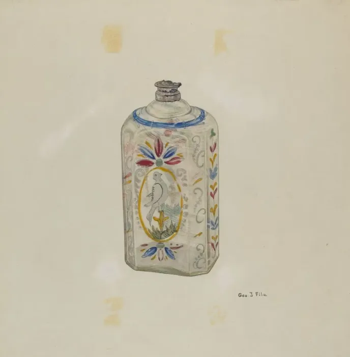 Framed Print : Decorated Glass Flask, c. 1940. Creator: George File Framed Print : Decorated Glass Flask, c. 1940. Creator: George File