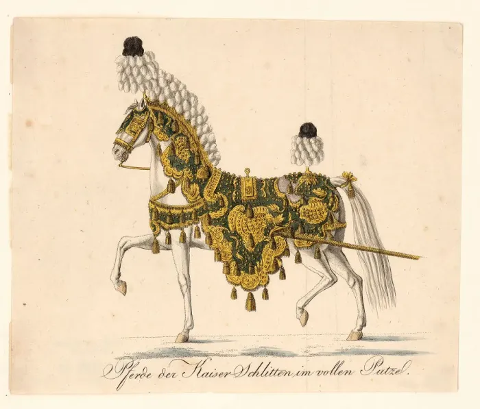 Framed Print : Decorated horse furniture of the Emperors Ceremonial Horse-Drawn Carriages, 1815. Artist: Anonymous Framed Print : Decorated horse furniture of the Emperors Ceremonial Horse-Drawn Carriages, 1815. Artist: Anonymous
