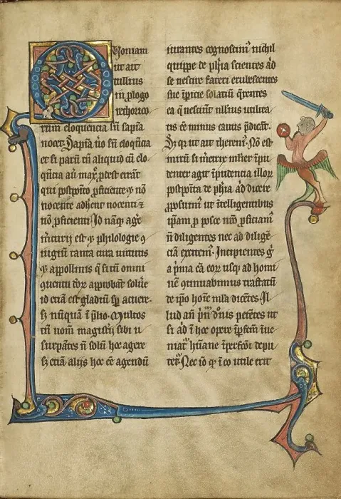 Framed Print : Decorated Initial Q; De Natura Avium; De Pastoribus et Ovibus; Bestiarium, 1277 or after. Creator: Unknown Framed Print : Decorated Initial Q; De Natura Avium; De Pastoribus et Ovibus; Bestiarium, 1277 or after. Creator: Unknown