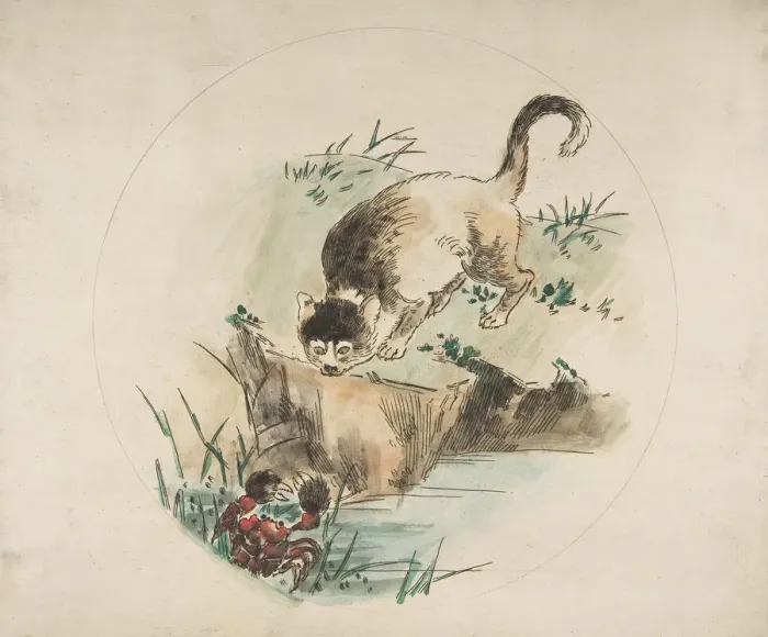 Framed Print : Decoration for a Plate: A Cat Hunting a Crab, 1850-1914. Creator: Felix Bracquemond
