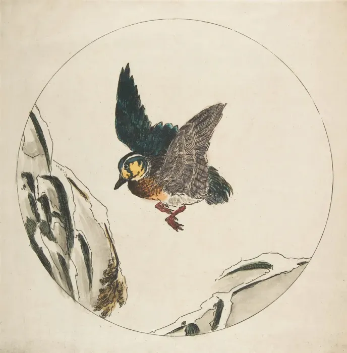 Framed Print : Decoration for a Plate: A Duck flying over Snow-covered Branches, 1850-1914 Framed Print : Decoration for a Plate: A Duck flying over Snow-covered Branches, 1850-1914