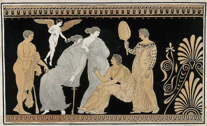 Framed Print : Detail of the decoration of a red-figured Greek strorage jar (pelike) showing a seated... 1760-9. Creator: Augustin Dahlsteen Framed Print : Detail of the decoration of a red-figured Greek strorage jar (pelike) showing a seated... 1760-9. Creator: Augustin Dahlsteen