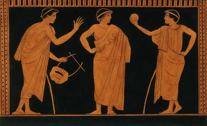 Framed Print : Detail of decoration of a red-figured Greek vessel showing three youths, one holding... 1760-9. Creator: Augustin Dahlsteen Framed Print : Detail of decoration of a red-figured Greek vessel showing three youths, one holding... 1760-9. Creator: Augustin Dahlsteen