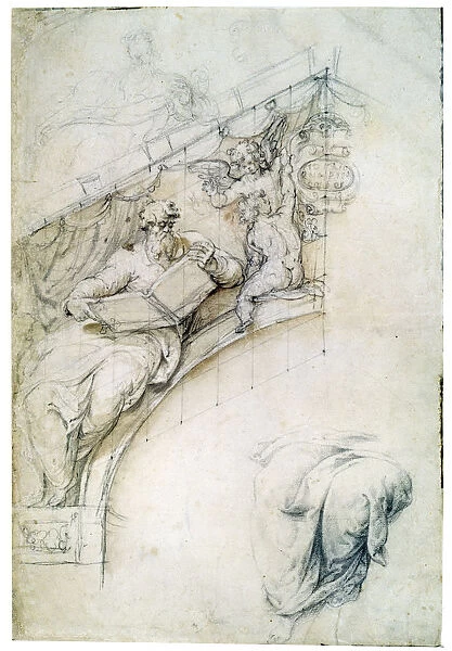 Decoration of a wall over an entrance arch with a Prophet and two Puttos, c1525. Artist: Perino del Vaga
