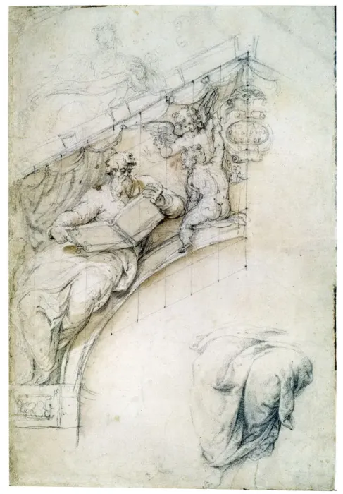 Framed Print : Decoration of a wall over an entrance arch with a Prophet and two Puttos, c1525. Artist: Perino del Vaga Framed Print : Decoration of a wall over an entrance arch with a Prophet and two Puttos, c1525. Artist: Perino del Vaga