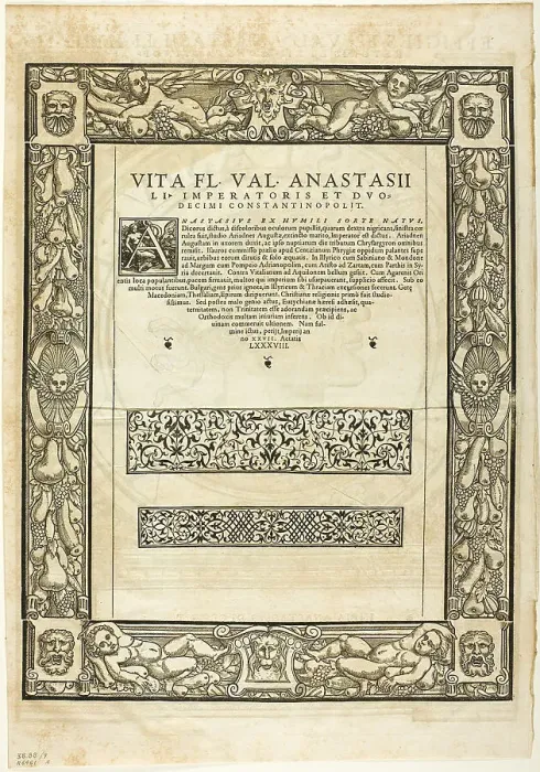 Framed Print : Decorative Border (recto) and Portrait of Emporer Anastasius (verso), plate nine...1937. Creators: Hans Rudolf Manuel Deutsch, Max Geisberg, Peter Flotner Framed Print : Decorative Border (recto) and Portrait of Emporer Anastasius (verso), plate nine...1937. Creators: Hans Rudolf Manuel Deutsch, Max Geisberg, Peter Flotner