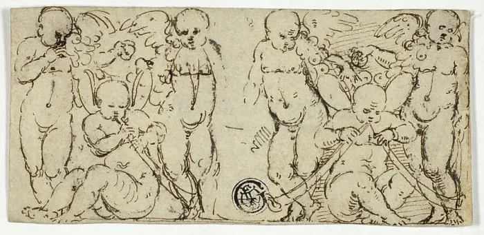 Framed Print : Two Decorative Groups of Putti with Trumpets and Fruit, n.d. Creator: Unknown Framed Print : Two Decorative Groups of Putti with Trumpets and Fruit, n.d. Creator: Unknown