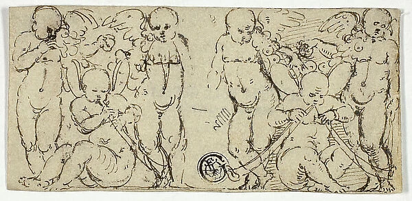 Two Decorative Groups of Putti with Trumpets and Fruit, n.d. Creator: Unknown