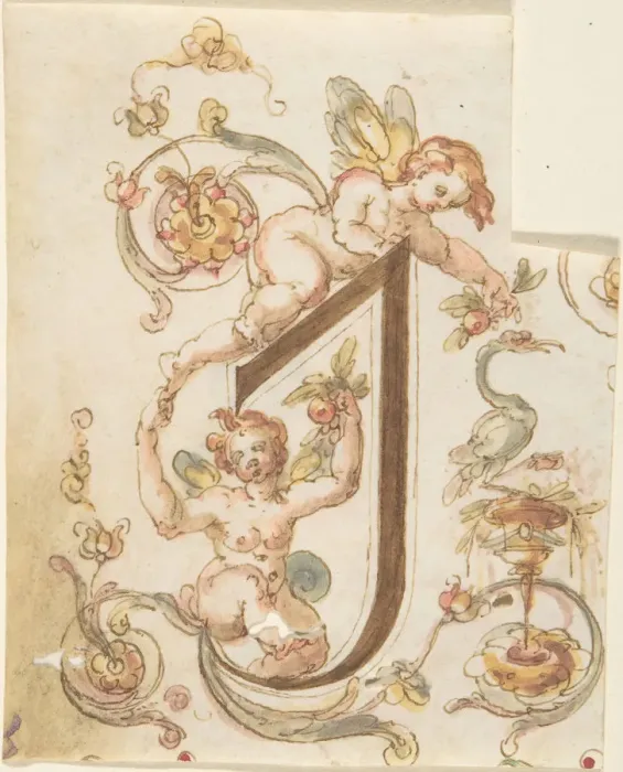 Framed Print : Decorative Letter I'with Putti (Embroidery Design?), 16th century Framed Print : Decorative Letter I'with Putti (Embroidery Design?), 16th century