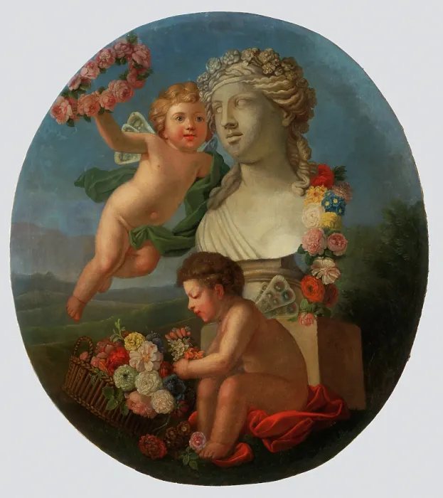 Framed Print : Decorative Panel with a Bust, Angels and Flowers, 1776. Creator: FR Monogrammist Framed Print : Decorative Panel with a Bust, Angels and Flowers, 1776. Creator: FR Monogrammist