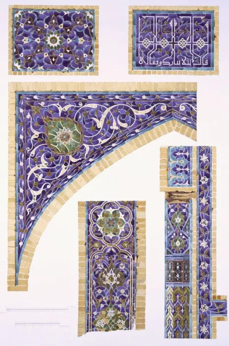 Framed Print : Decorative tilework in blue, green and cream with gold outlines, pub. 1905. Creator