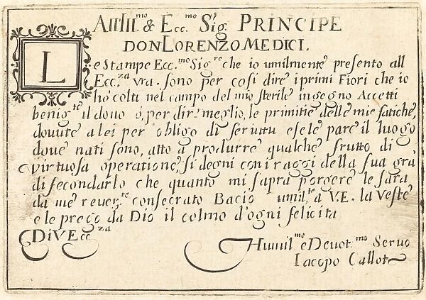 Dedication to Don Lorenzo de Medici, c. 1622. Creator: Jacques Callot