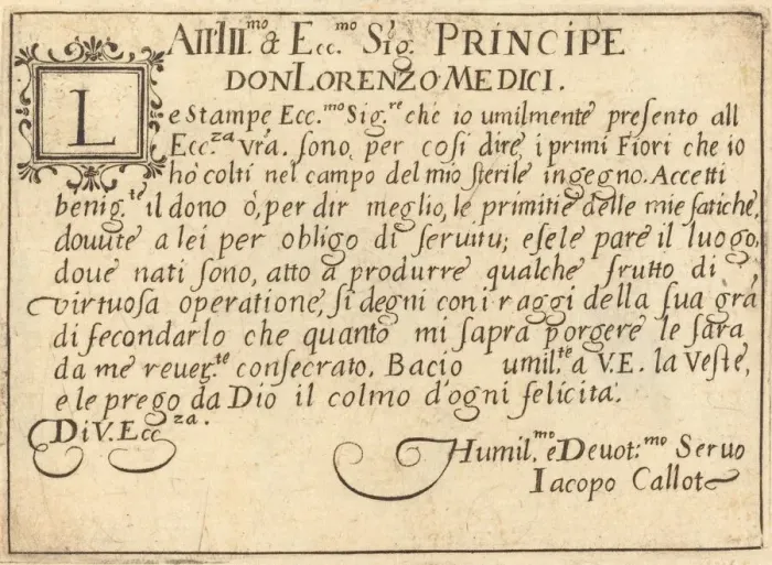 Framed Print : Dedication to Don Lorenzo de Medici, c. 1617. Creator: Jacques Callot Framed Print : Dedication to Don Lorenzo de Medici, c. 1617. Creator: Jacques Callot