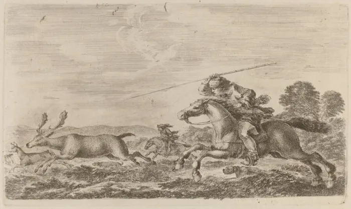 Framed Print : Deer Chased by Two Cavaliers. Creator: Stefano della Bella Framed Print : Deer Chased by Two Cavaliers. Creator: Stefano della Bella