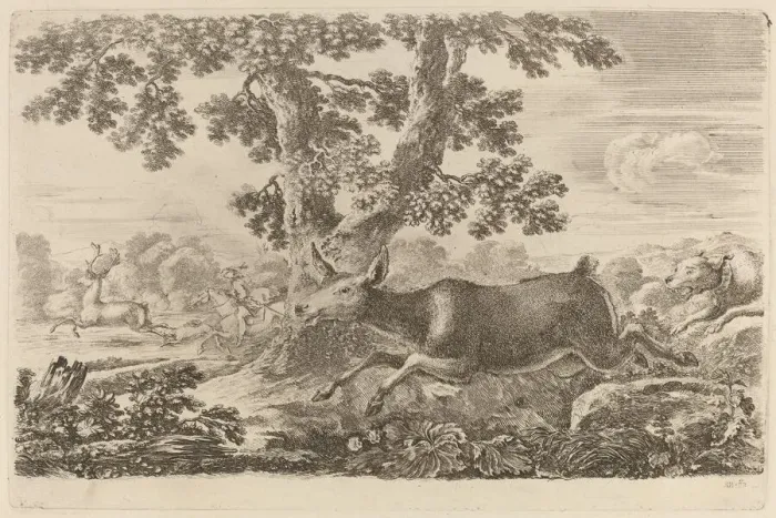 Framed Print : Deer Chased by a Dog to the Right. Creator: Stefano della Bella Framed Print : Deer Chased by a Dog to the Right. Creator: Stefano della Bella