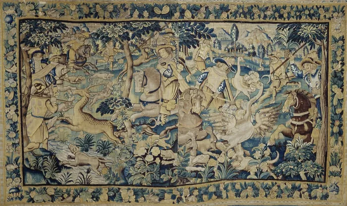 Framed Print : Deer Hunt and An Ostrich Hunt. Tapestry, 17th century. Creator: Anonymous master Framed Print : Deer Hunt and An Ostrich Hunt. Tapestry, 17th century. Creator: Anonymous master