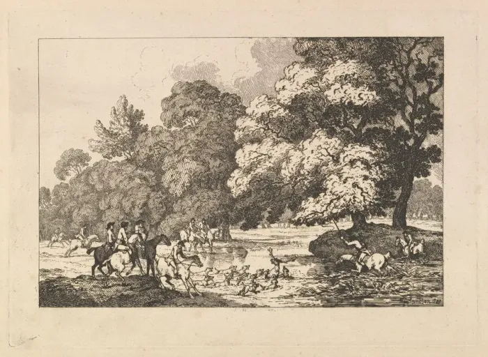 Framed Print : Deer Hunting - A Landscape Scene with Stag and Hounds in a River, 1787 Framed Print : Deer Hunting - A Landscape Scene with Stag and Hounds in a River, 1787