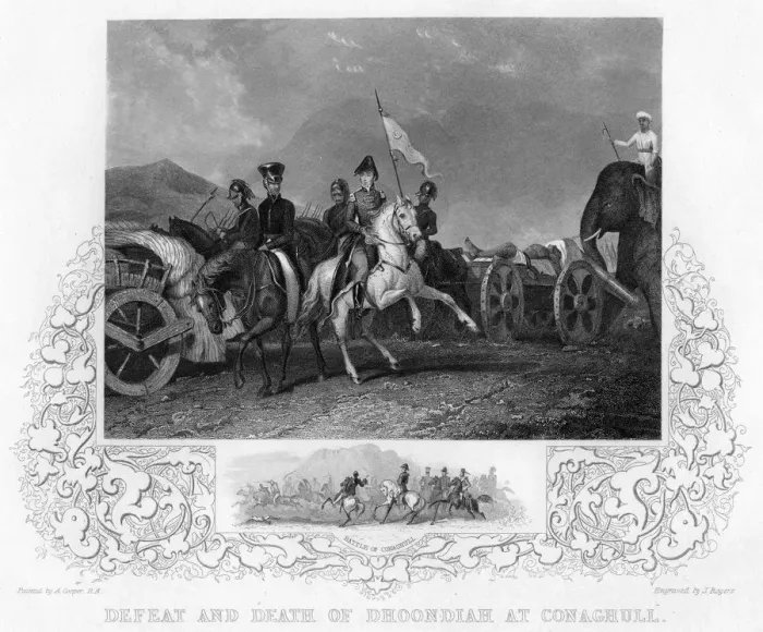 Framed Print : Defeat and Death of Dhoondiah at Conaghull, c19th century. Artist: J Rogers Framed Print : Defeat and Death of Dhoondiah at Conaghull, c19th century. Artist: J Rogers