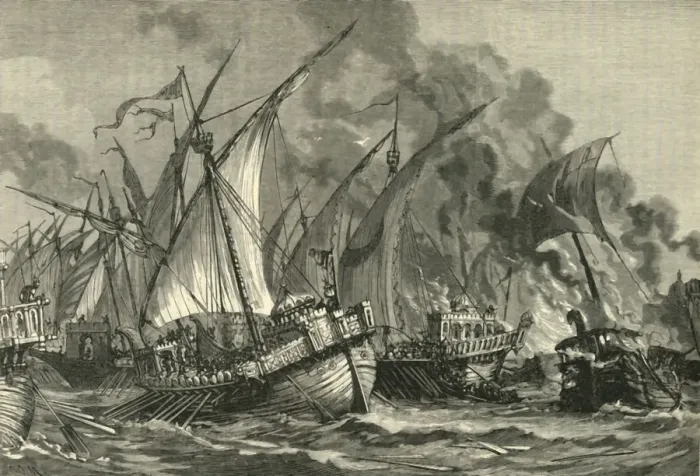 Framed Print : Defeat of the Saracenic Fleet Before Constantinople, (717-718), 1890. Creator: Unknown Framed Print : Defeat of the Saracenic Fleet Before Constantinople, (717-718), 1890. Creator: Unknown