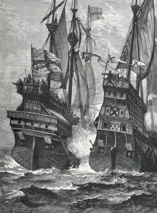 Framed Print : The Defeat of Sir Andrew Barton, 1511, (1887). Creator: William Heysham Overend Framed Print : The Defeat of Sir Andrew Barton, 1511, (1887). Creator: William Heysham Overend