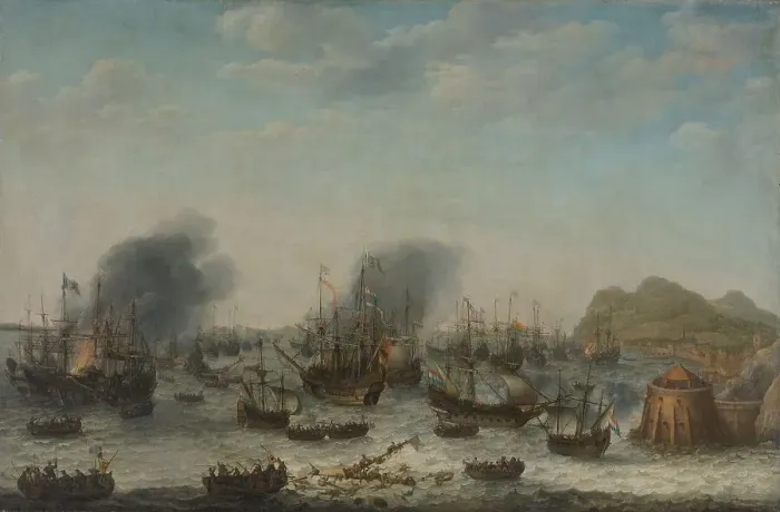 Framed Print : The Defeat of the Spanish at Gibraltar by a Dutch Fleet under the Command of Admiral Jacob van Heems Creator: Adam Willaerts Framed Print : The Defeat of the Spanish at Gibraltar by a Dutch Fleet under the Command of Admiral Jacob van Heems Creator: Adam Willaerts
