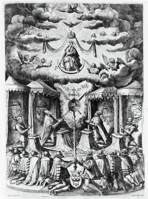 Framed Print : The Defenders of the Catholic Faith in the Netherlands adoring the Virgin, 1587. Creator: Jan Wierix Framed Print : The Defenders of the Catholic Faith in the Netherlands adoring the Virgin, 1587. Creator: Jan Wierix