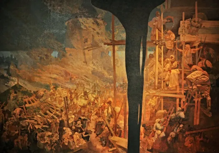 Framed Print : The Defense of Sziget against the Turks by Nicholas Zrinsky (The cycle The Slav Epic). Artist: Mucha, Alfons Marie (1860-1939) Framed Print : The Defense of Sziget against the Turks by Nicholas Zrinsky (The cycle The Slav Epic). Artist: Mucha, Alfons Marie (1860-1939)