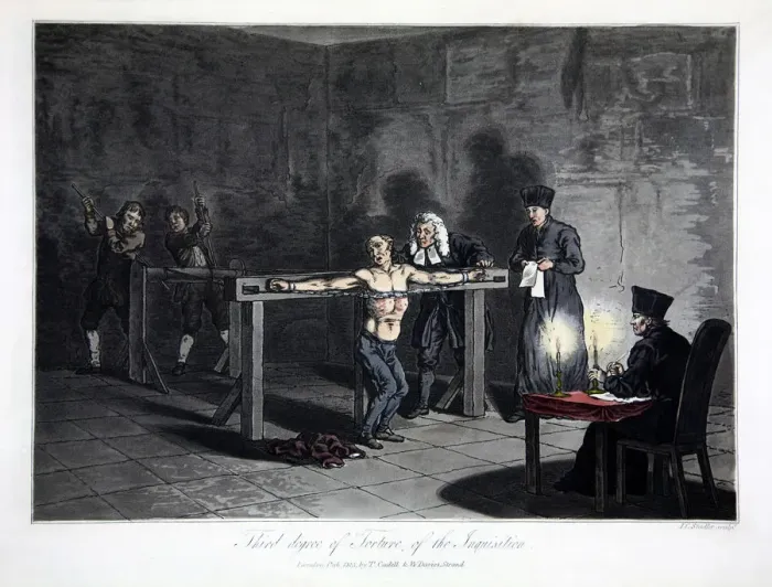 Framed Print : Third Degree of Torture of the Inquisition, 1813. Artist: LC Stadler Framed Print : Third Degree of Torture of the Inquisition, 1813. Artist: LC Stadler