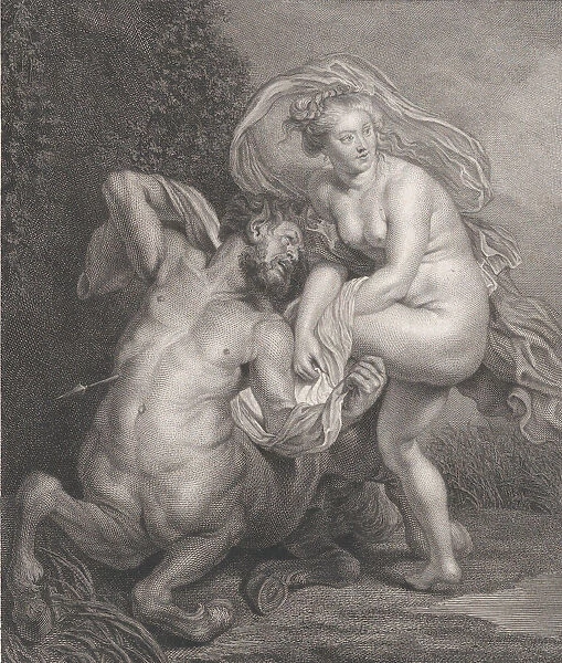 Deianeira receiving the poisoned tunic from Nessus, and the wounded centaur falling to