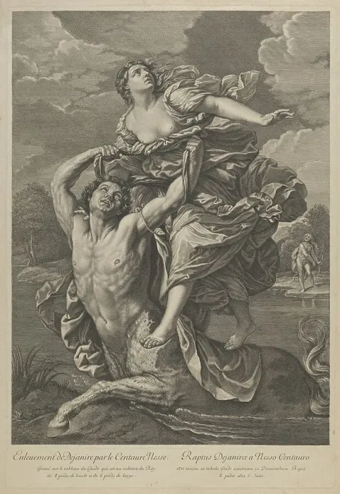 Framed Print : Dejanira being abducted by the centaur Nessos, a man with bow and arrow at right... ca. 1800-1850. Creator: Anon Framed Print : Dejanira being abducted by the centaur Nessos, a man with bow and arrow at right... ca. 1800-1850. Creator: Anon