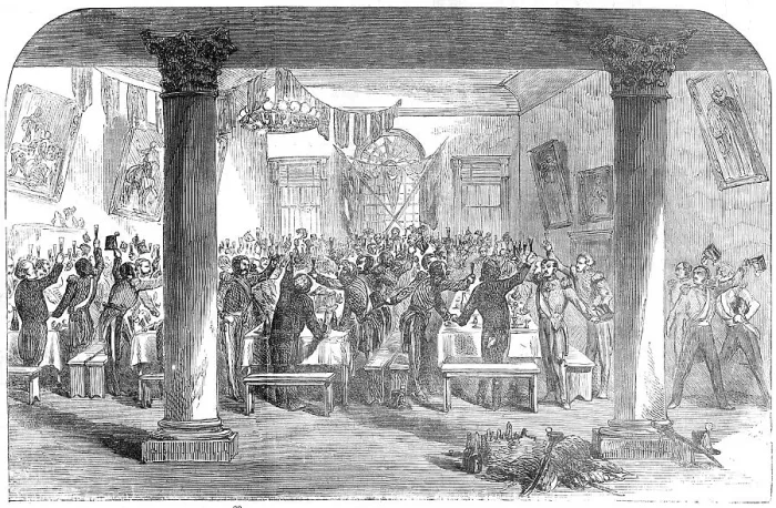Framed Print : Dejeuner to the 89th Regiment, in the Town-Hall, at Waterford, previous to their Departure... 1854. Creator: Unknown Framed Print : Dejeuner to the 89th Regiment, in the Town-Hall, at Waterford, previous to their Departure... 1854. Creator: Unknown