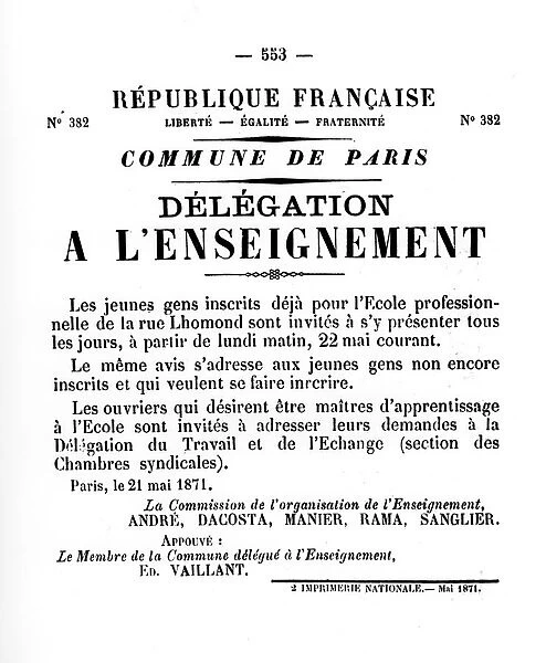 Delegation a L Enseignement, from French Political posters of the Paris Commune, May 1871