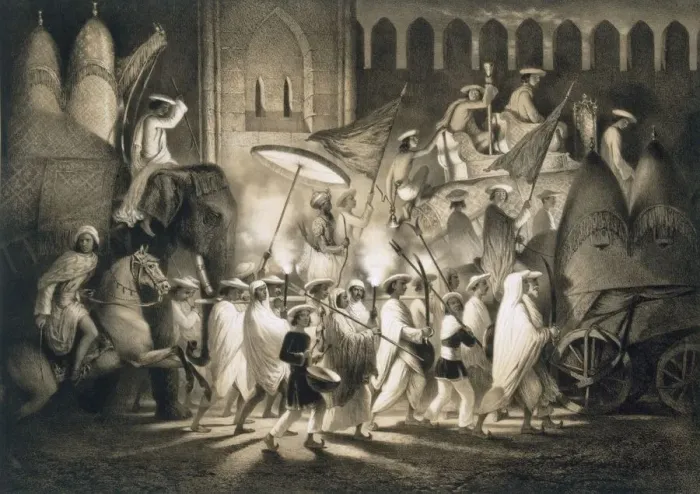 Framed Print : Delhi: Cortege and Retinue of the Great Moghul, pub. 1858. Creator: A. Soltykoff (19th century) Framed Print : Delhi: Cortege and Retinue of the Great Moghul, pub. 1858. Creator: A. Soltykoff (19th century)