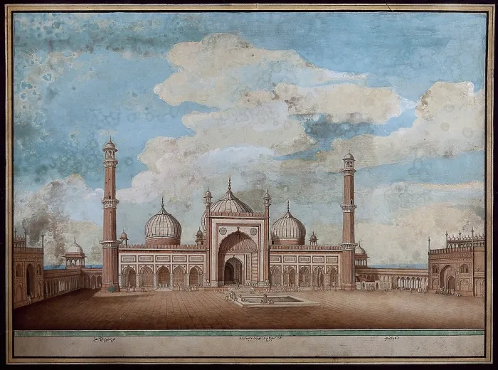 Framed Print : Delhi: Jama Masjid, exterior view of east facade, (1820?). Creator: Ghulam Ali Khan Framed Print : Delhi: Jama Masjid, exterior view of east facade, (1820?). Creator: Ghulam Ali Khan