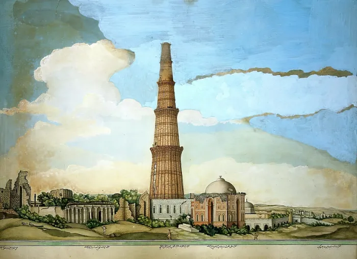 Framed Print : Delhi: Qutab Minar, adjoining ruins and the tomb of Imam Zamin, (1820?). Creator: Ghulam Ali Khan Framed Print : Delhi: Qutab Minar, adjoining ruins and the tomb of Imam Zamin, (1820?). Creator: Ghulam Ali Khan