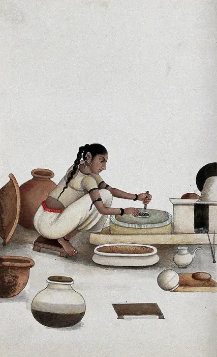 Framed Print : Delhi: a woman grinding grain into flour, (between 1800 and 1899?). Creator: Unknown Framed Print : Delhi: a woman grinding grain into flour, (between 1800 and 1899?). Creator: Unknown
