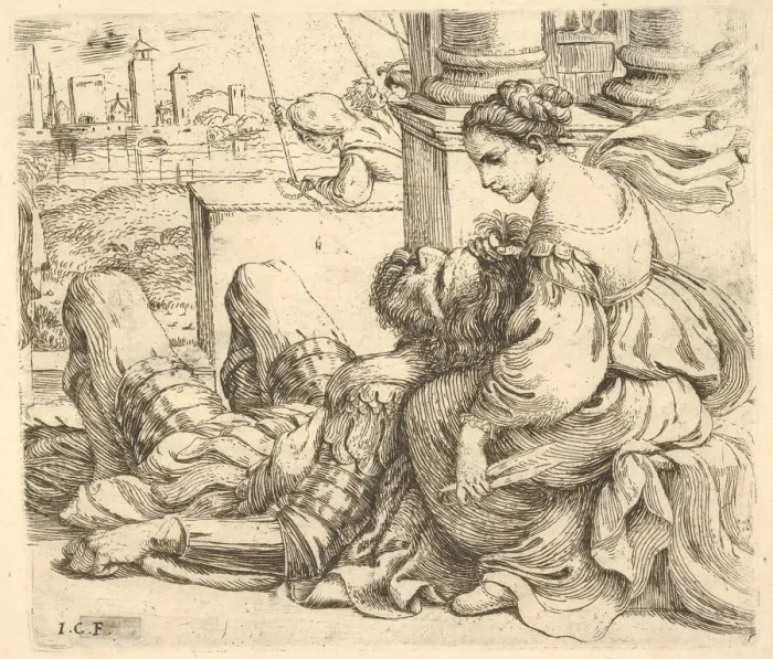Framed Print : Delilah holding Samsons hair and a pair of scissors, 1620-30. Creator: Giuseppe Caletti Framed Print : Delilah holding Samsons hair and a pair of scissors, 1620-30. Creator: Giuseppe Caletti