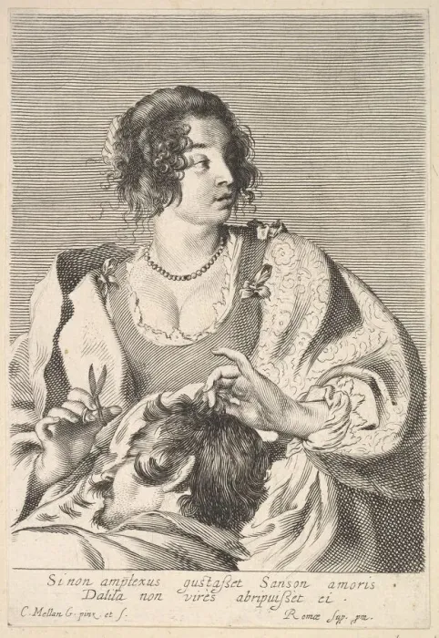 Framed Print : Delilah preparing to cut Samsons hair with scissors in her right hand, below her ches Framed Print : Delilah preparing to cut Samsons hair with scissors in her right hand, below her ches