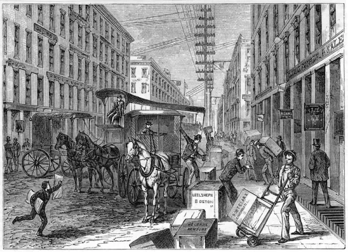 Framed Print : Deliveries and collections taking place at Wells Fargo depot, New York, USA, 1875 Framed Print : Deliveries and collections taking place at Wells Fargo depot, New York, USA, 1875