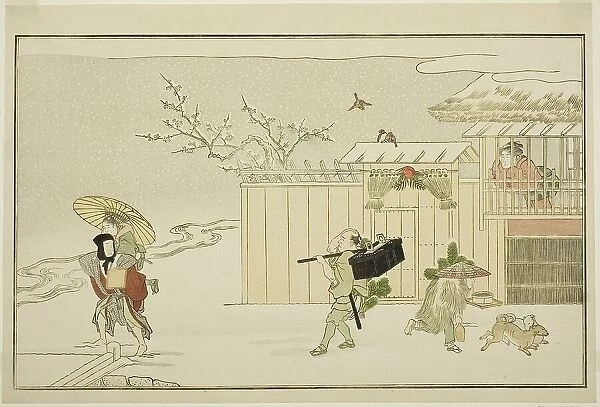 Delivering New Year Gifts in the Snow, from the illustrated kyoka anthology 'The Young God... 1789. Creator: Kitagawa Utamaro. Delivering New Year Gifts in the Snow, from the illustrated kyoka anthology 'The Young God... 1789