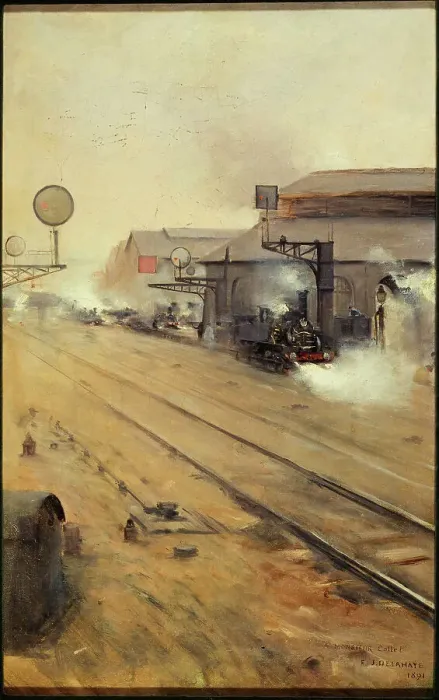 Framed Print : Delivery of locomotives to Batignolles, 1891. Creator: Ernest Jean Delahaye Framed Print : Delivery of locomotives to Batignolles, 1891. Creator: Ernest Jean Delahaye
