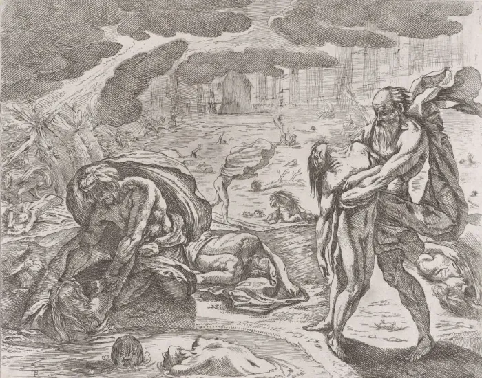 Framed Print : The deluge, figures being pulled from the water, ca. 1640-42. Creator: Pietro Testa