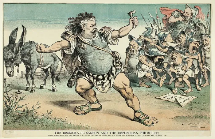 Framed Print : The Democratic Samson and the Republican Philistines, from Puck, published September 15, 1880. Creator: Joseph Keppler Framed Print : The Democratic Samson and the Republican Philistines, from Puck, published September 15, 1880. Creator: Joseph Keppler